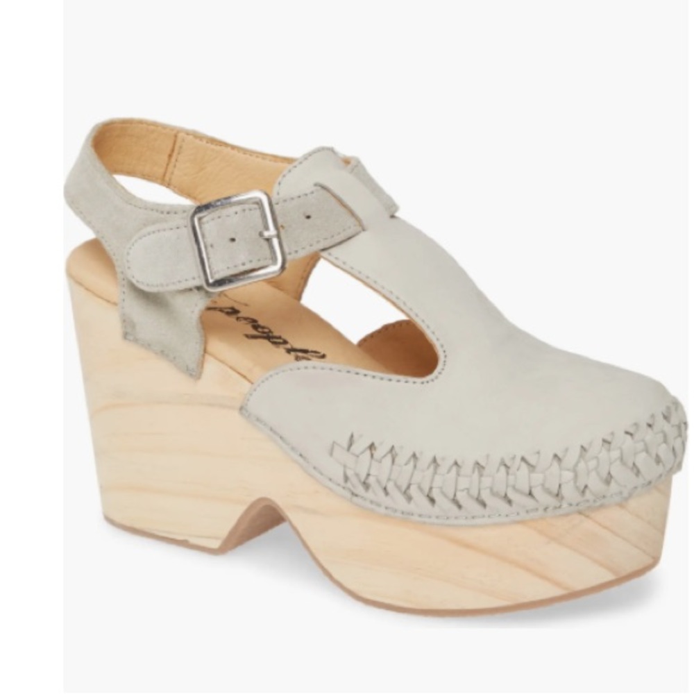 Free People leather huarache-detail wood-grain 4” platform “Emmer” clogs-NWOT - Picture 6 of 15